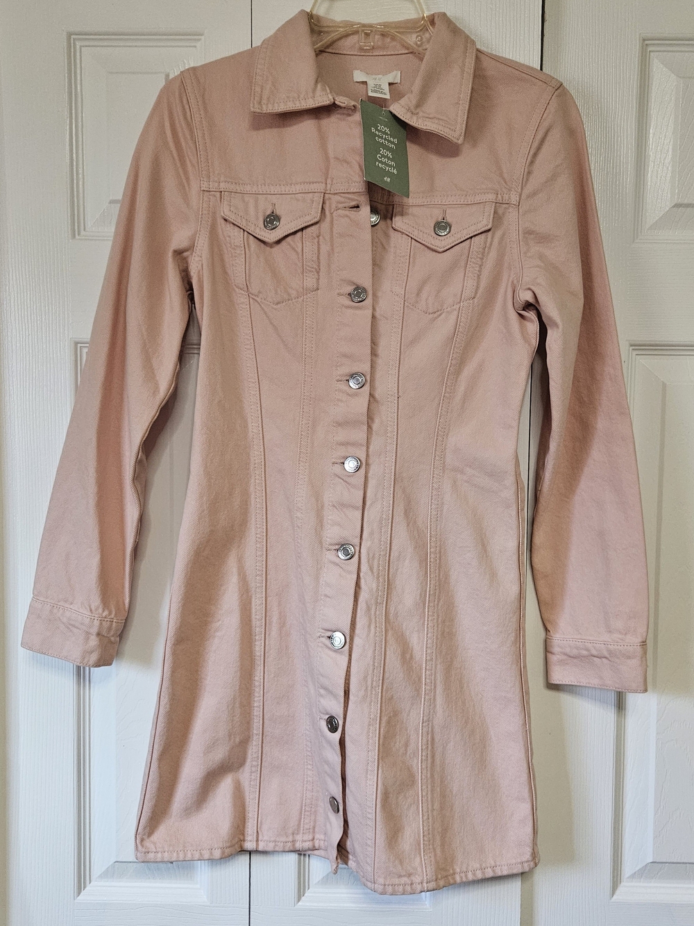 H&M Women's Pink Long Button-Front Denim Jacket Coat Dress
